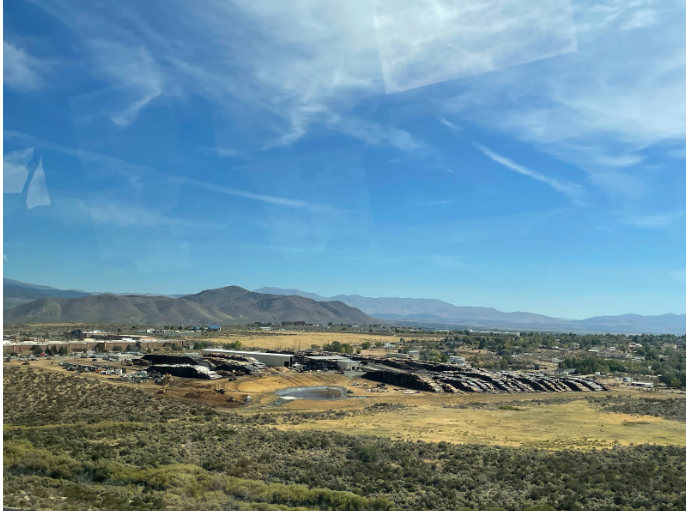 The Tahoe Forest Products mill facility, as viewed from Highway 50 entering Carson City, NV, from the west. The mill facility was constructed in partnership with the local Washoe tribe, and utilizes recovered timber from burn scar areas or from fuels treatments.