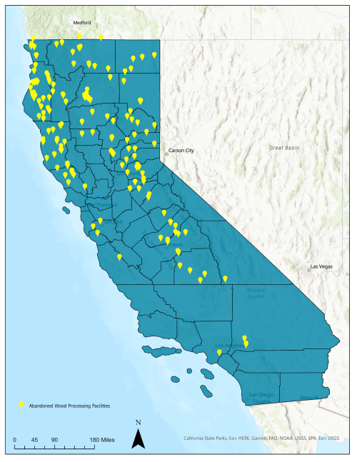 Map of California showing 208 former sawmill sites (yellow) identified in a database from the U.S. Forest Service and University of California Agriculture and Natural Resources. Our team used the database as a starting point for evaluating former sawmill sites. Map by Thomas Miller.
